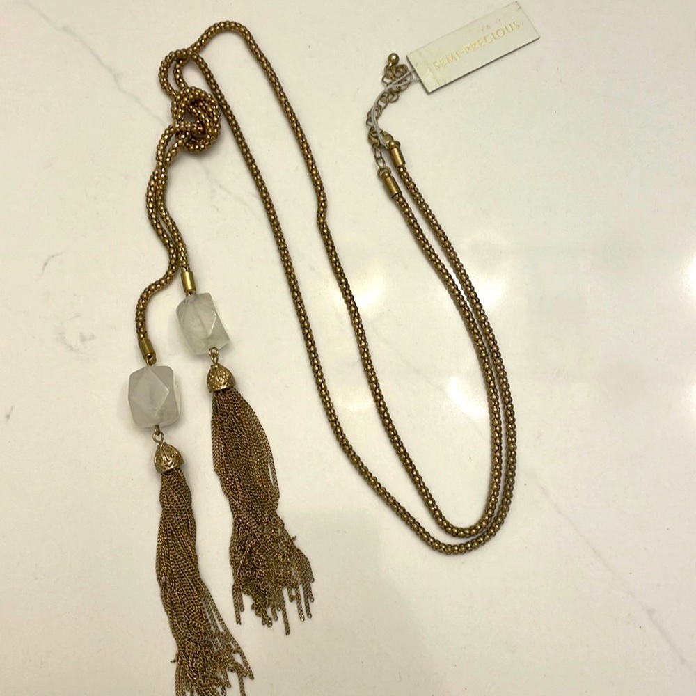 Gold bead and quartz stone long necklace
